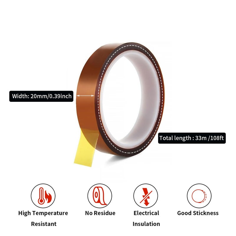 VCHOMY 2Rolls 20mmx33m(108ft) Heat Tape for Sublimation,Heat Press,Heat Transfer Polyimide 500℉ High Temperature Resistant Kapton Thermal Insulation Shield Tape with Silicone Adhesive - Image 2